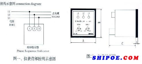 上海船用仪表有限公司生产的产品船用相序指示器接线示意图
