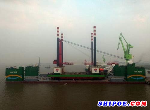 韩通船舶重工为南通市海洋水建工程有限公司改造的HY36自升式风电安装船顺利下水。