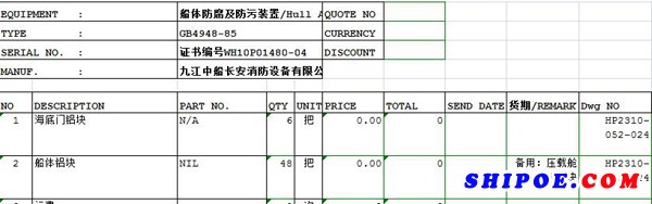 RND20P018074-瑞宁20-船体防腐及防污装置备件询价