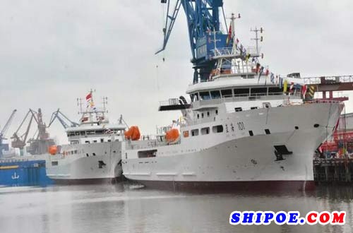 沪东中华两艘3000吨级海洋渔业综合科学调查船“蓝海101”“蓝海201”下水