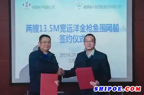 马尾造船股份有限公司党委书记、董事长黄如堂（图左）与中国水产有限公司董事长伏卫民（图右）签署合同。