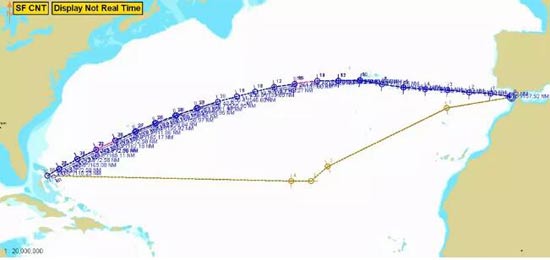  Navi-Planner得出的路线（蓝色）和气候导航服务供商建议的路线（棕色）