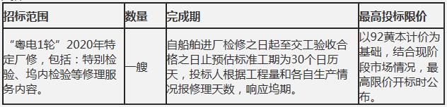 “粤电1轮”2020年特定检验厂修工程招标公告