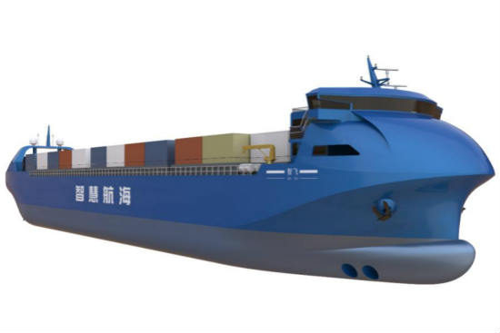 我国首艘自主航行集装箱商船“智飞”号在青开工建造